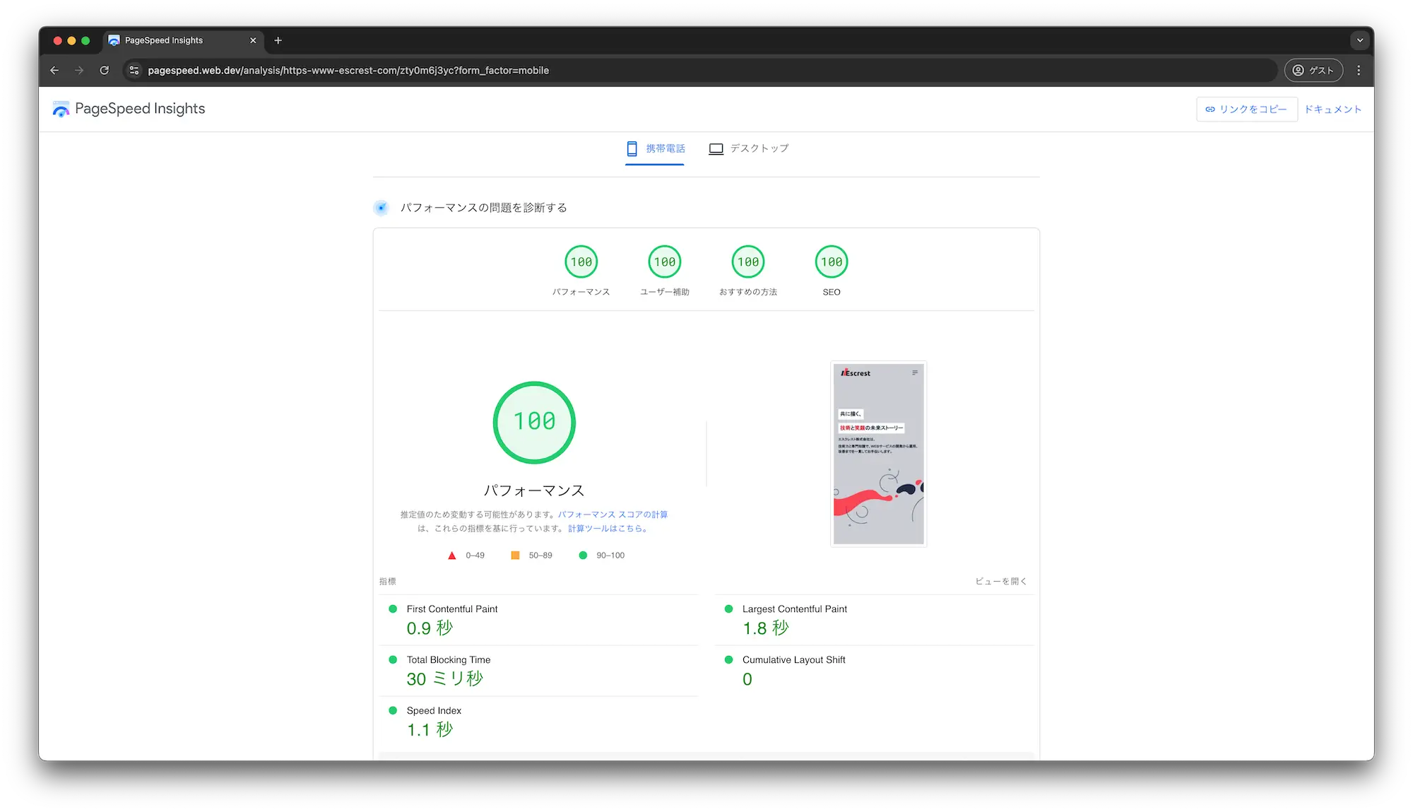 PageSpeed Insightsのモバイル計測結果。パフォーマンス・ユーザー補助・おすすめの方法・SEOの全てが100点